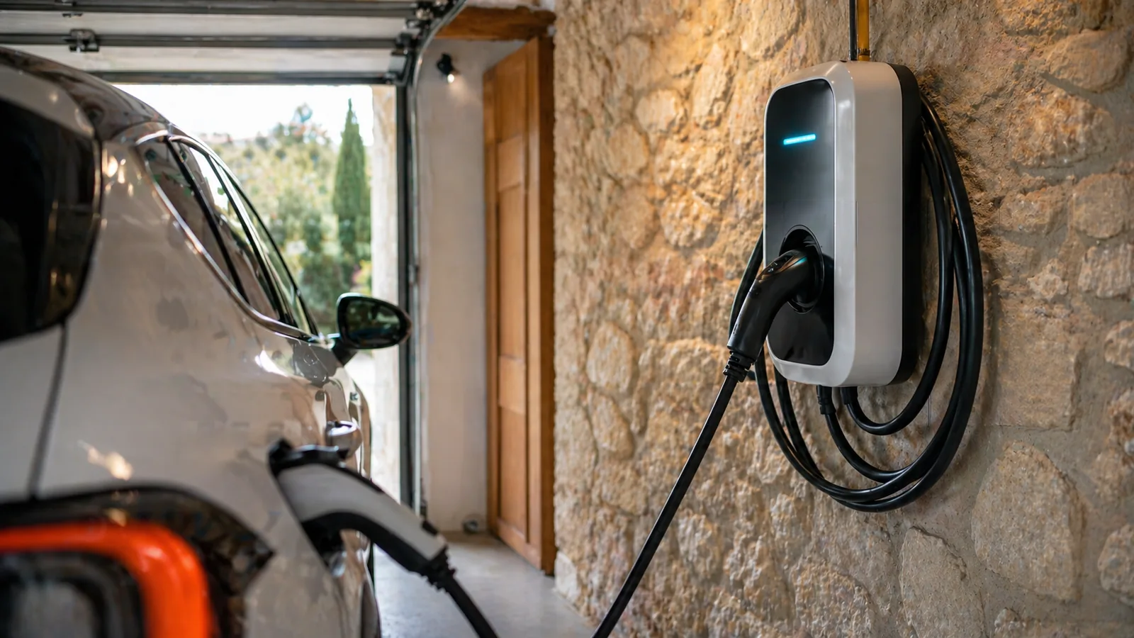Borne de recharge IRVE pour véhicule électrique installée par SAS Boudet dans un garage particulier à Uzès