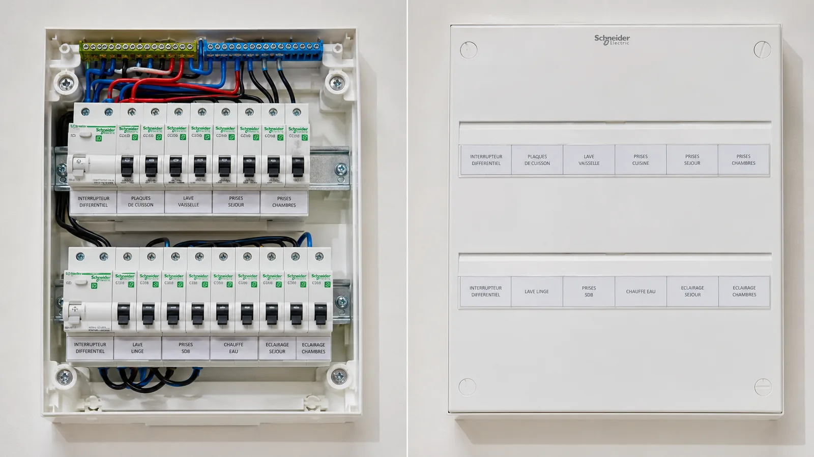Tableau électrique neuf 18 modules installé par SAS Boudet dans une maison individuelle à Connaux